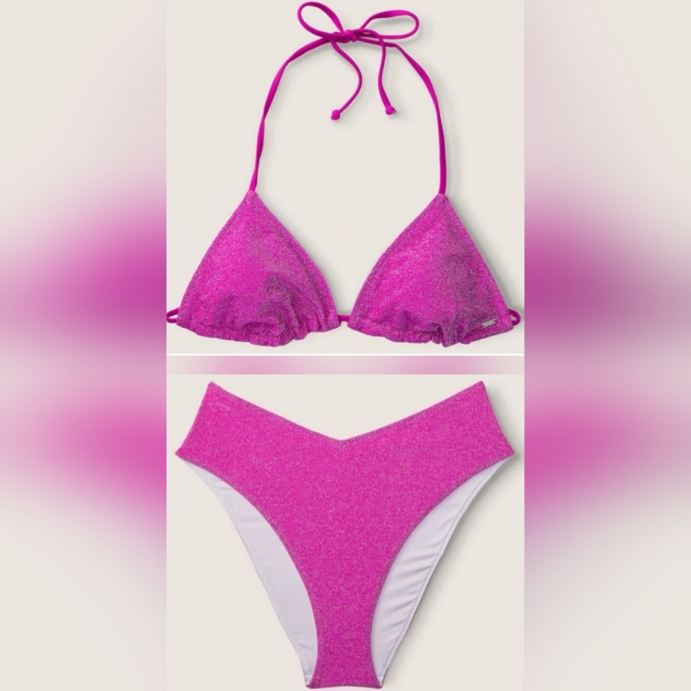 S/S M/M PINK Swim Shimmer Triangle High Waist Bikini Set